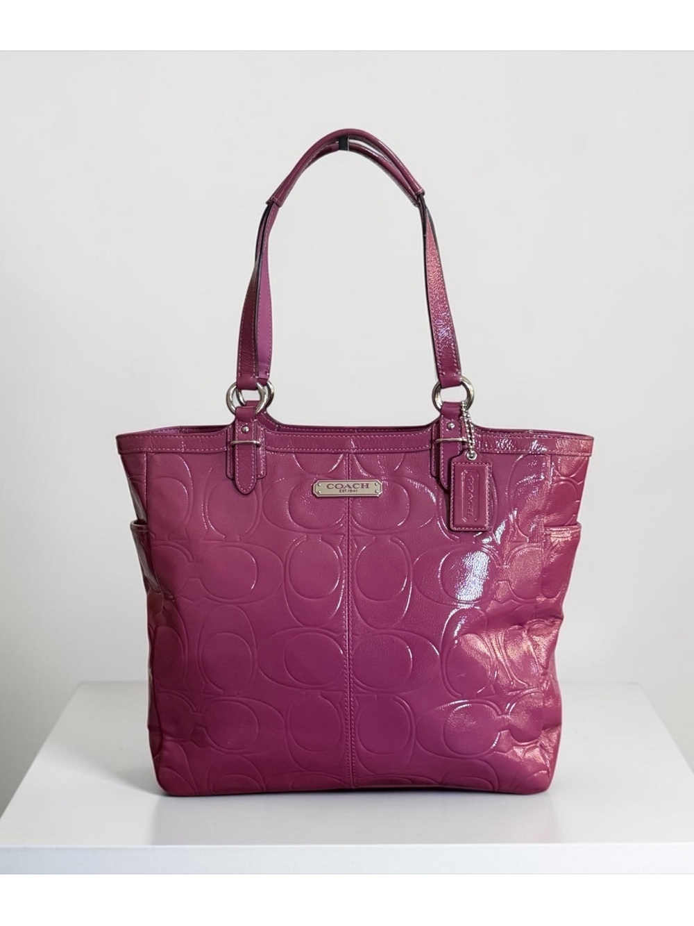 Coach Gallery Pink Patent Leather Signature Embossed Tote Bag 19813